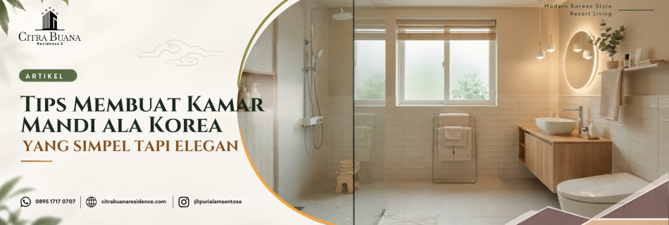 kamar mandi ala Korea dengan palet warna netral dan aksen kayu alami