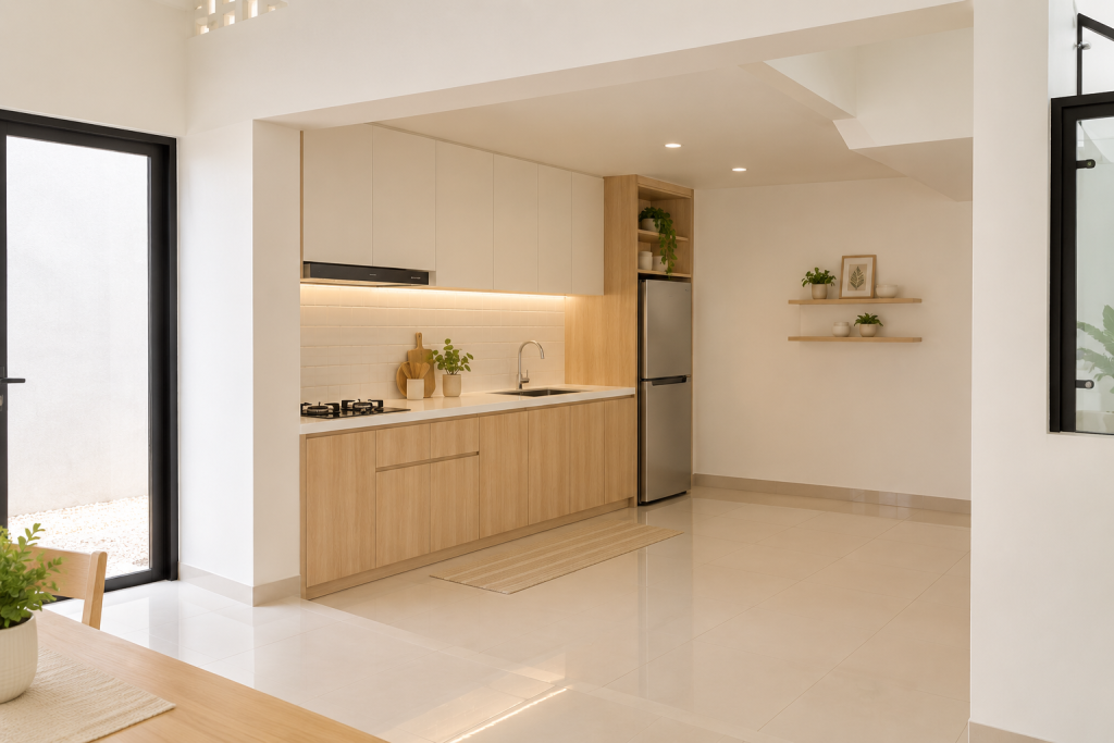kitchen set minimalis dengan backsplash marmer di Jindallae House, Citra Buana Residence 2