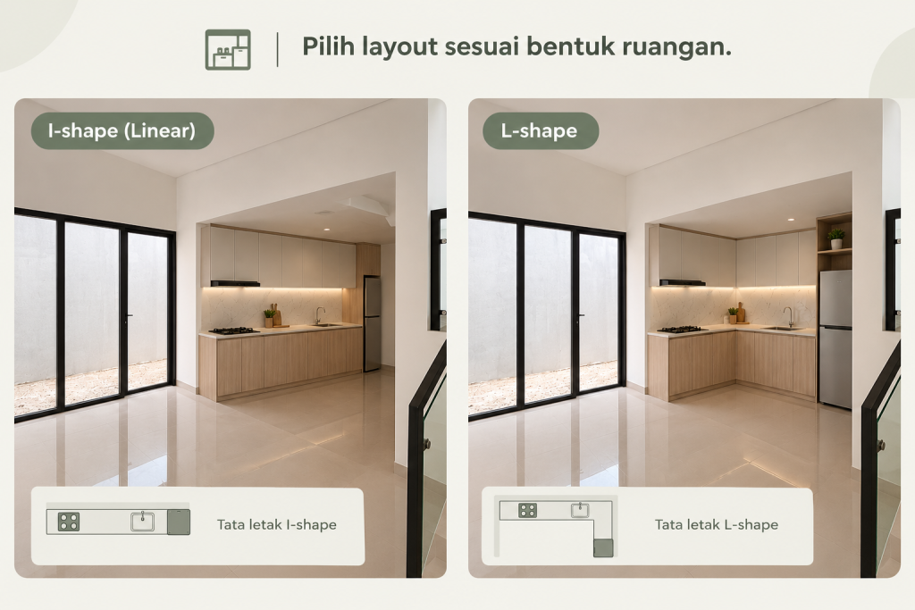 perbandingan kitchen set minimalis bentuk I-shape dan L-shape untuk dapur sempit