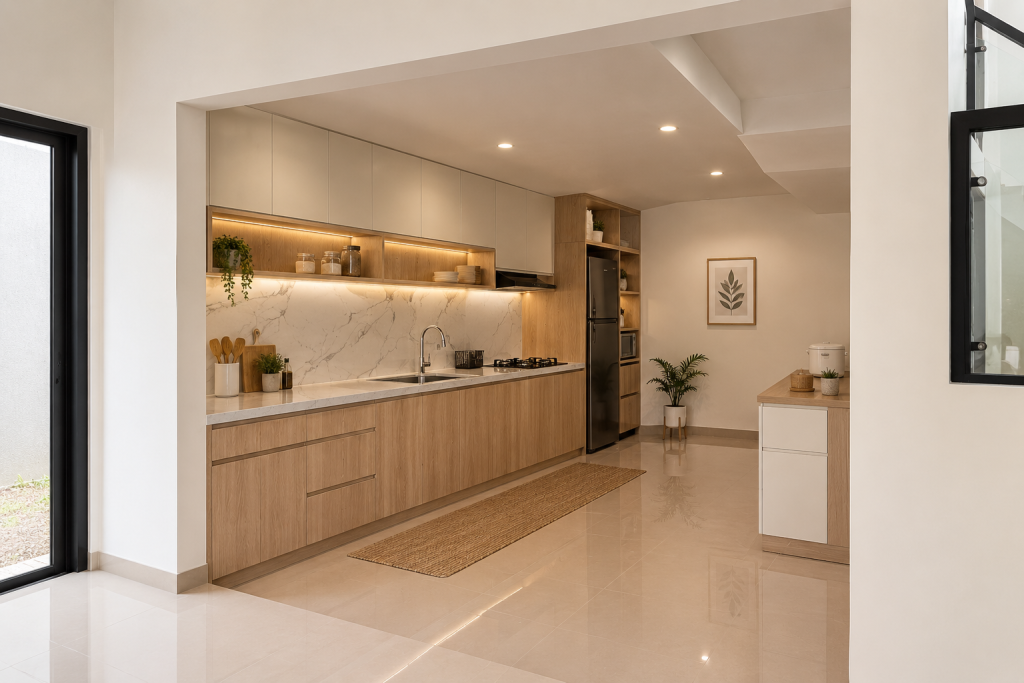 kitchen set minimalis dengan backsplash marmer di Jindallae House, Citra Buana Residence 2