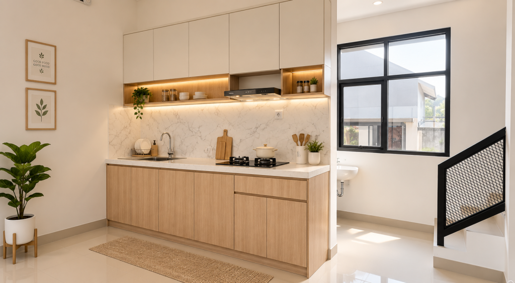 kitchen set minimalis dengan backsplash marmer di Moran Shop House, Citra Buana Residence 2