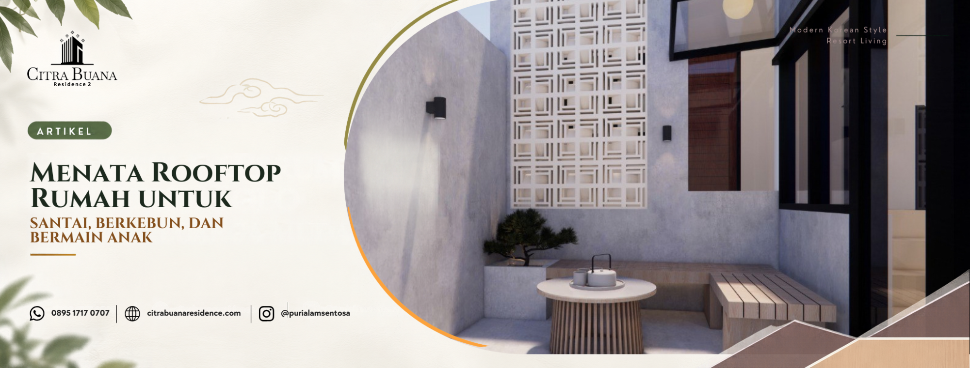 menata rooftop rumah dengan kursi outdoor, pergola, dan deretan tanaman pot di sore hari